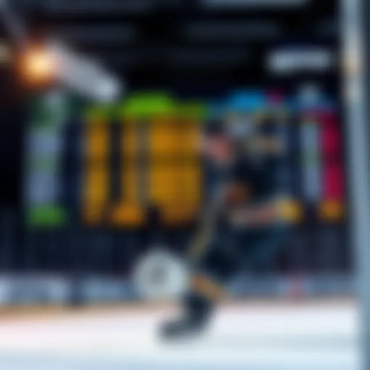 A hockey player in action during a game, with a scoreboard in the background showing game stats and odds, representing NHL betting insights.