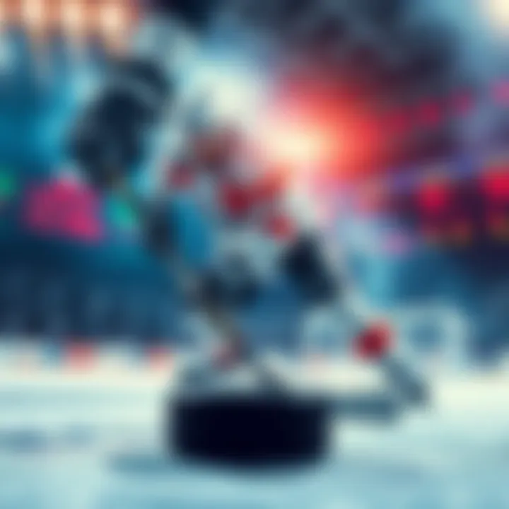 A hockey player in action with a puck on the ice, surrounded by betting odds and statistics