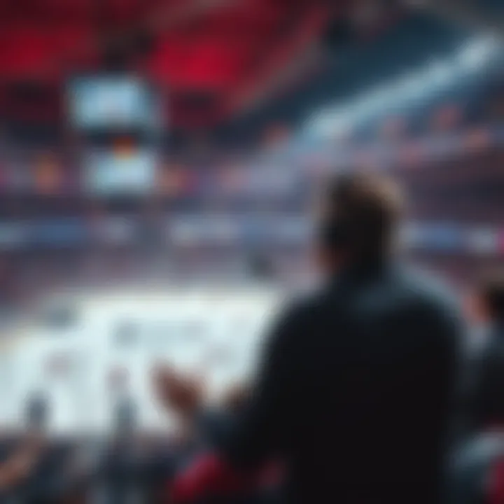 Person commenting on an NHL game live while surrounded by fans in a stadium