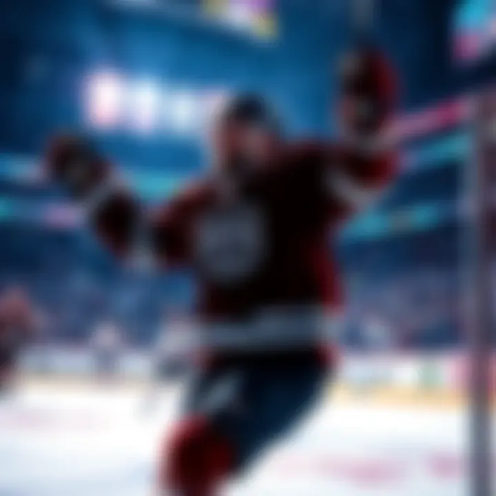 A player celebrating a goal during an NHL game with fans in the background.