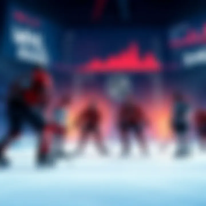 A group of NHL players analyzing their performance on the ice, with statistics shown on a screen in the background, depicting a significant drop in goals scored.
