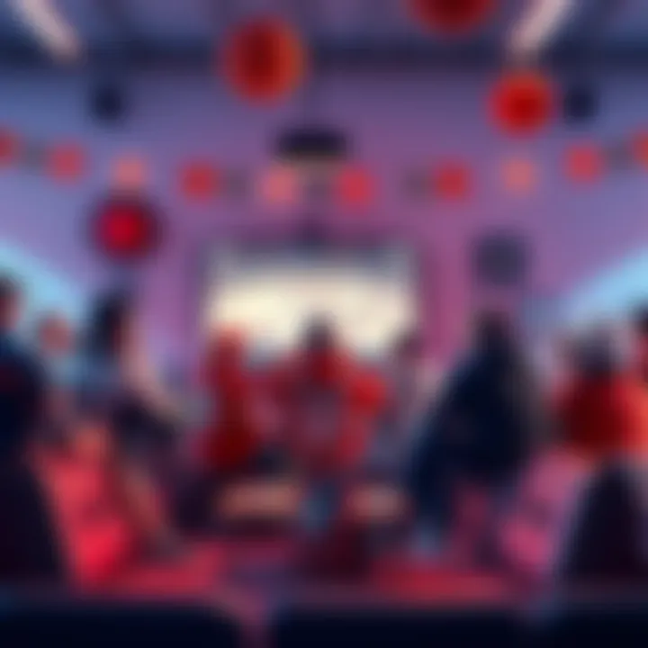 A group of fans discussing NHL bets, surrounded by hockey-themed decorations and a TV showing a game.
