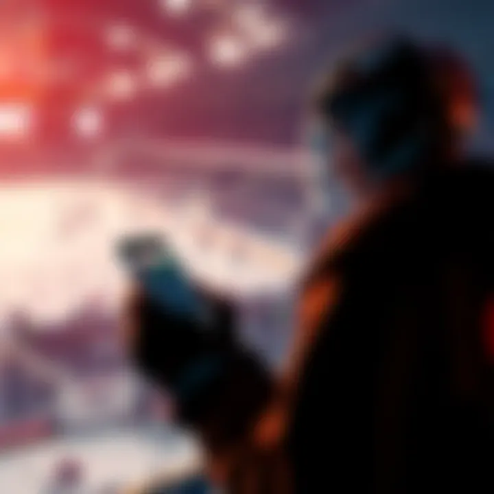 A hockey player checking odds on a betting app on their phone with a rink in the background