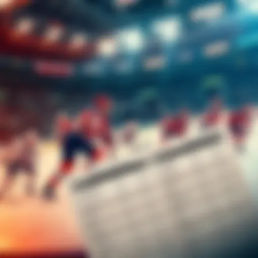 NHL Betting Predictions Action shot of NHL players in a game, with a betting slip and odds displayed in the foreground