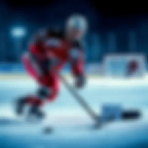 A hockey player striking a puck on ice with a betting slip beside him