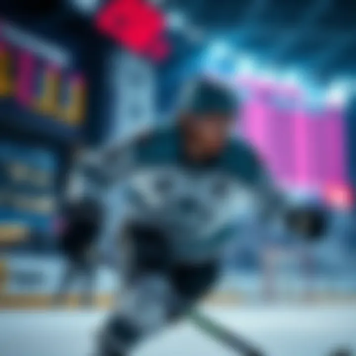 A hockey player in action with a scoreboard and betting odds displayed in the background.