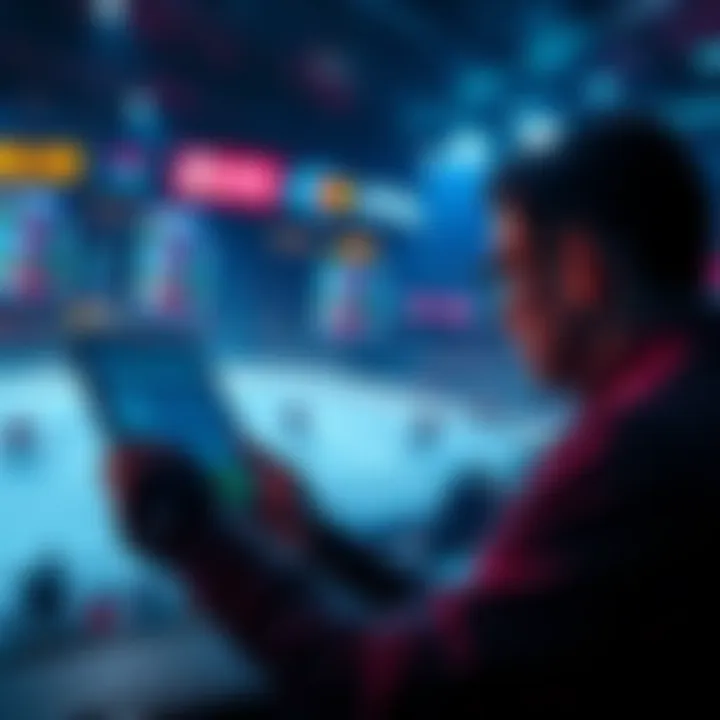 A person analyzing NHL betting options with hockey game graphics in the background