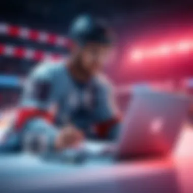 A hockey player analyzing betting strategies with a laptop and notes in front of him