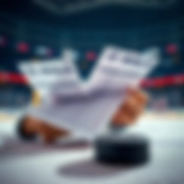 A person reviewing NHL betting slips and analyzing game statistics with a hockey puck in the foreground
