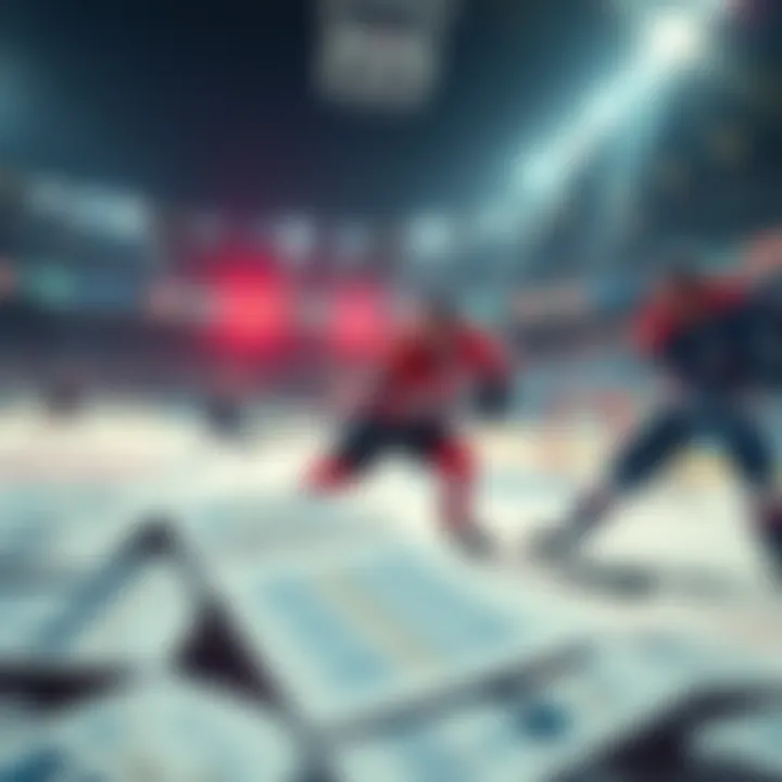 A hockey scene with players on the ice and betting slips in the foreground, showcasing excitement for NHL betting