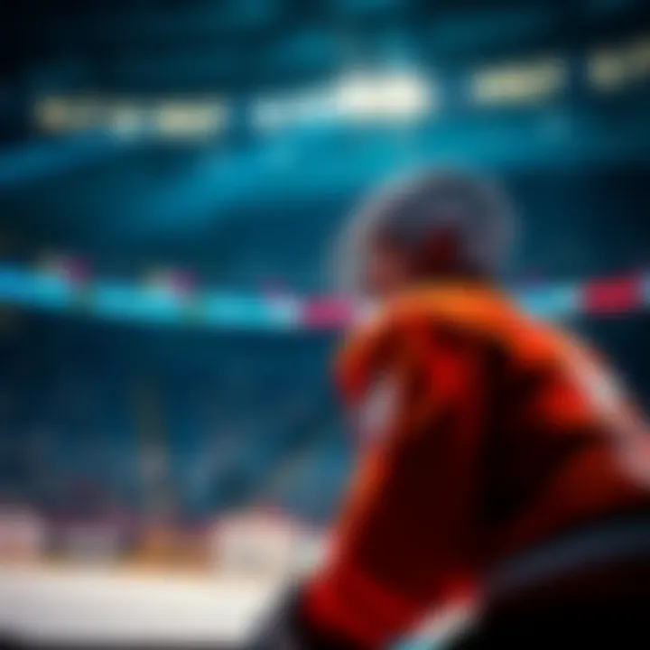 A hockey player preparing for a game with betting odds displayed in the background, representing NHL predictions and promotions.