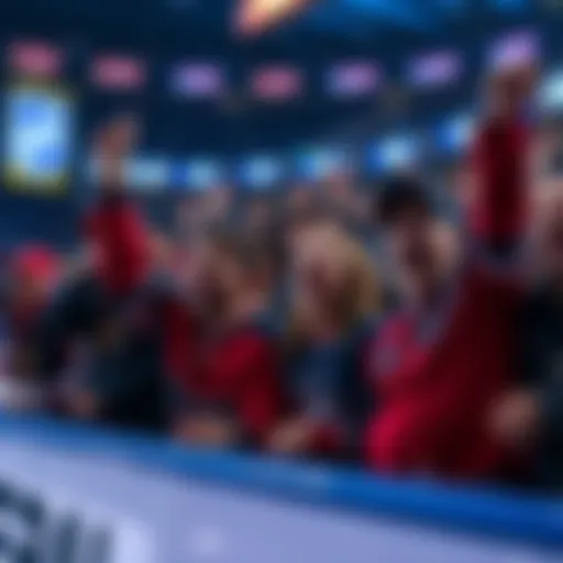 A group of enthusiastic fans cheer at an NHL game, showcasing their team colors and enjoying the moment