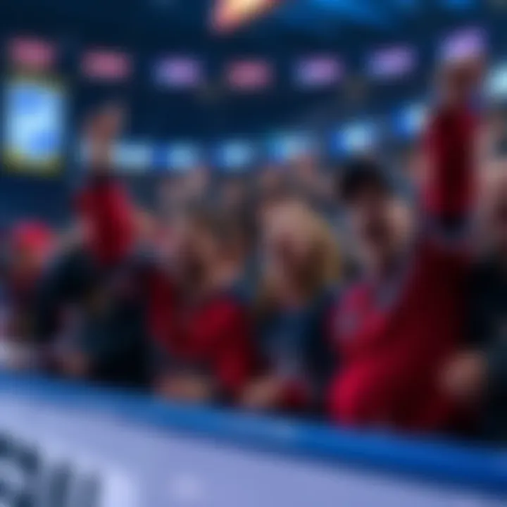 A group of enthusiastic fans cheer at an NHL game, showcasing their team colors and enjoying the moment