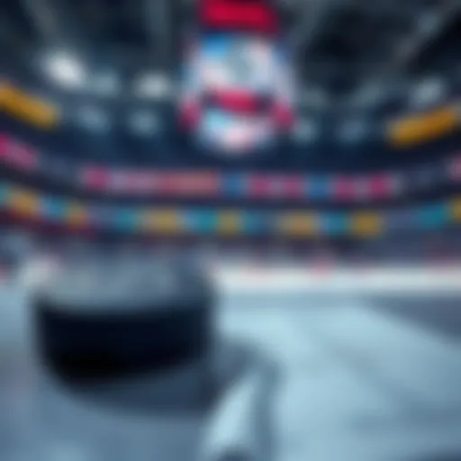 A hockey puck and betting slip on a table with a hockey game in the background