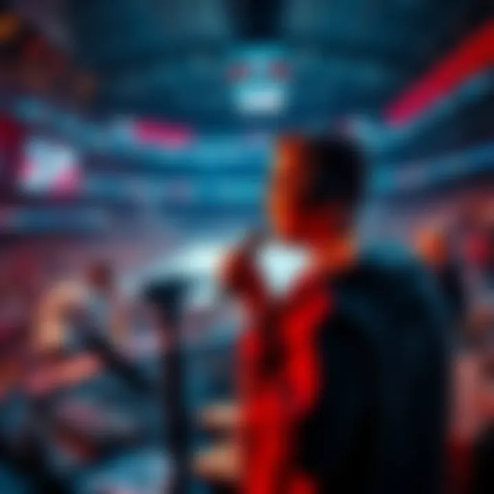 A person speaking into a microphone while watching a live NHL game, surrounded by sports equipment and a cheering crowd.