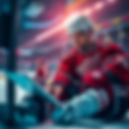 A hockey player analyzes stats on a digital tablet while surrounded by team gear and a hockey rink background.