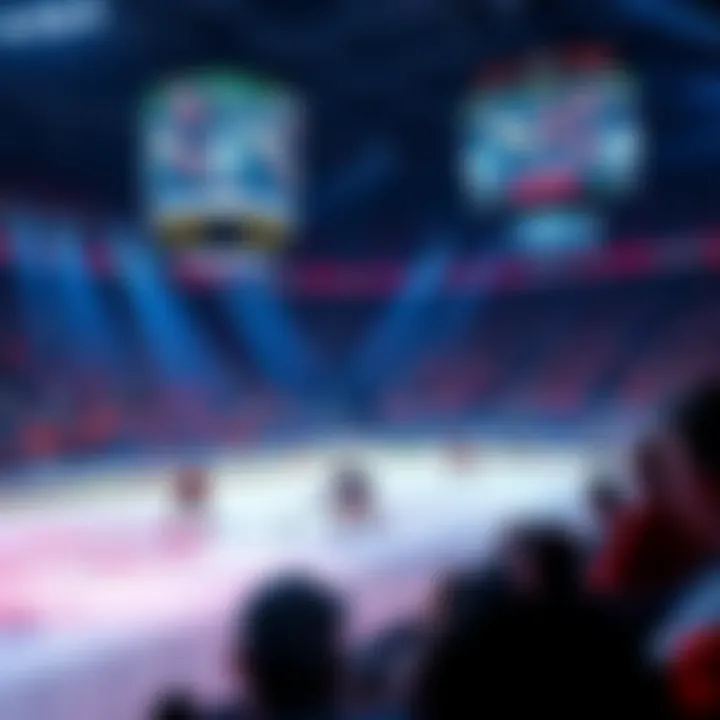 A hockey player in action on the ice during an NHL game, with fans in the background cheering and a scoreboard showing the game score.