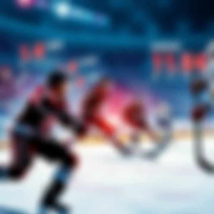 A collage of NHL players making goal attempts during a game, showcasing action shots and statistics graphics.