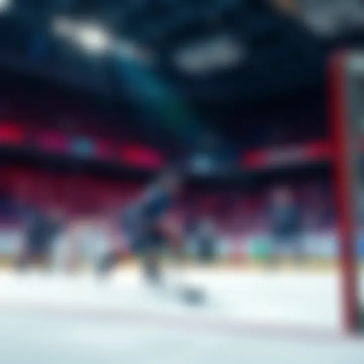 A hockey player taking a shot on goal during a game, with teammates visible in the background and fans cheering in the stands.