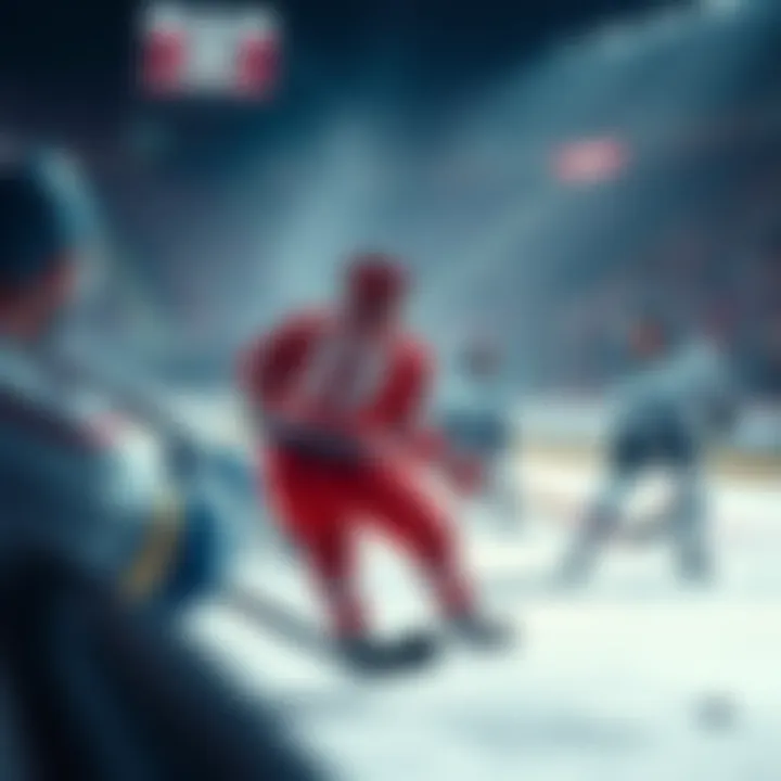 A group of hockey players competing on the ice during a NHL game