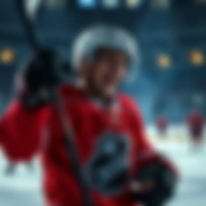A passionate hockey player in full gear celebrating a chance to join the NHL, with excitement and determination on their face.