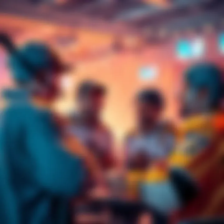 A group of hockey fans discussing player statistics and betting strategies in a lively setting