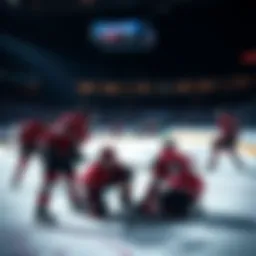 NHL hockey players warming up on the ice before a match, focusing on goalie training and shooting drills.