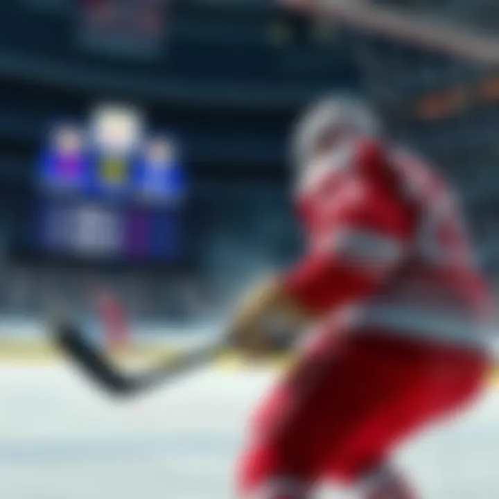 A hockey player scoring a goal with scoreboard showing points during NHL playoffs