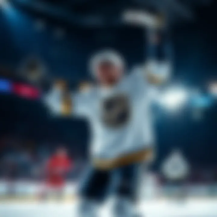 A hockey player celebrating after a goal during an NHL match