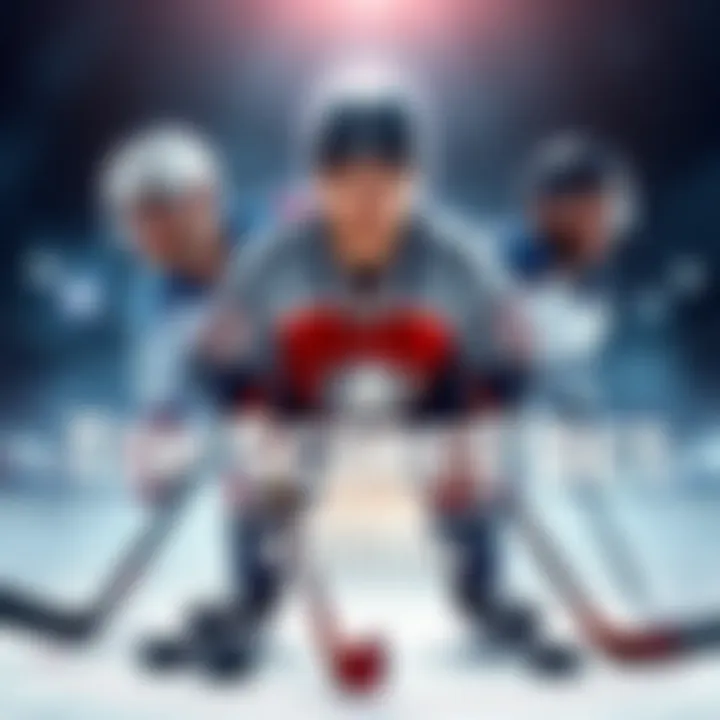 A visual of popular NHL players with hockey sticks and pucks, showcasing a parlay bet on their scoring potential at a sportsbook.