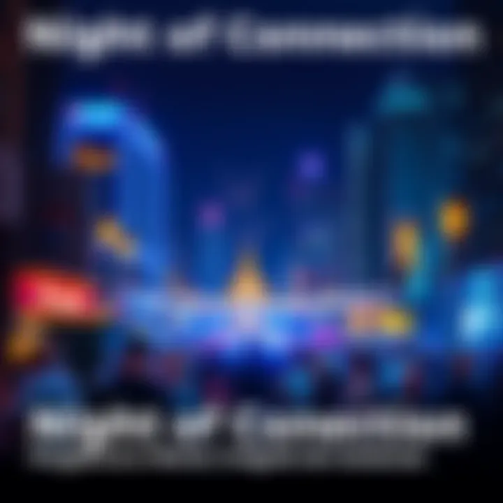 A vibrant cityscape at night with people gathering, enjoying events and activities, showcasing excitement and connection.