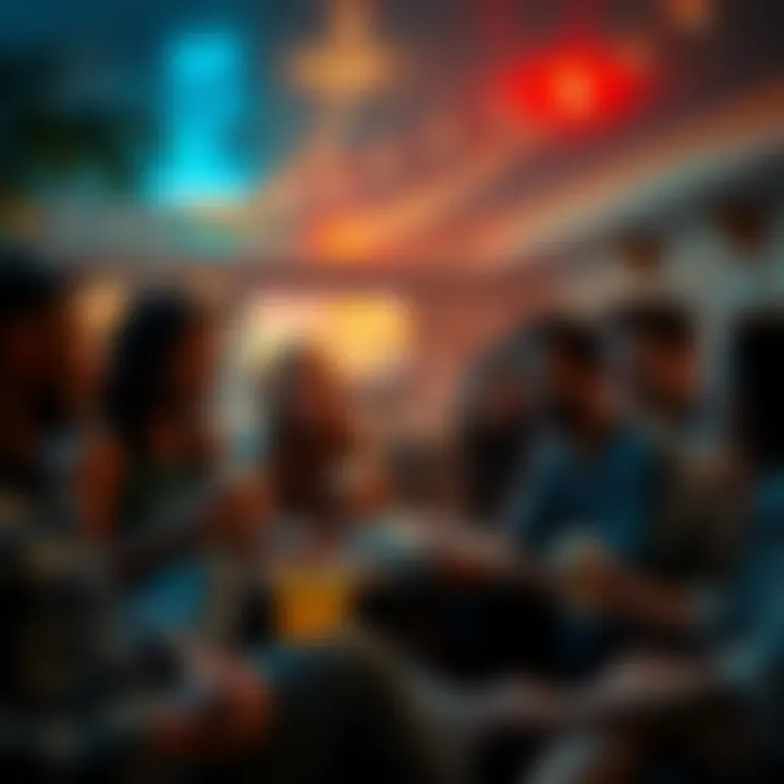 A group of friends enjoying various activities such as games, music, and snacks at night.