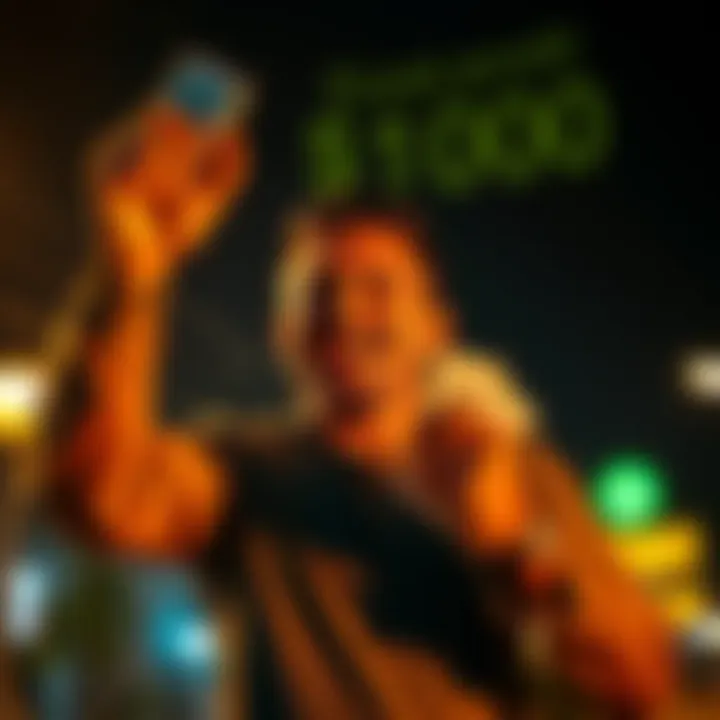 A person celebrating after achieving $1000 profit at night, with cash in hand and a joyful expression