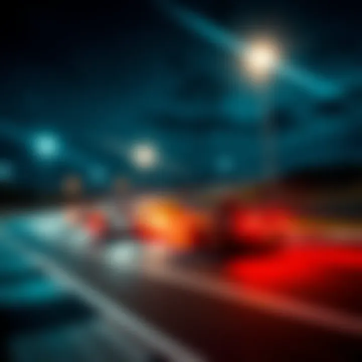 Racers speeding on a track under the night sky, with bright lights illuminating the scene