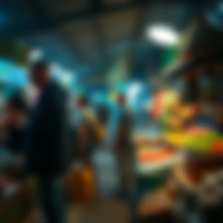 A busy dealer at a nighttime market, engaging with customers in a lively environment filled with colorful lights and various goods.