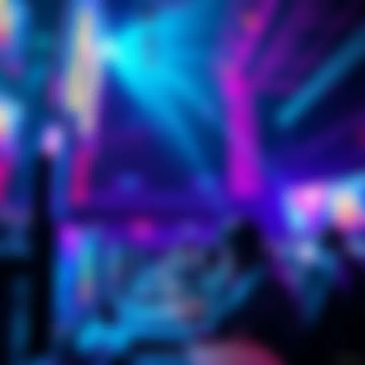 A vibrant esports gaming event taking place at night, with players focused on their screens and colorful lights illuminating the venue