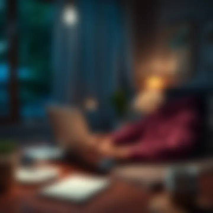 Nighttime Money-Making Opportunities A person working on a laptop in a cozy home setting at night, surrounded by tools for making money, like a notepad and coffee cup.