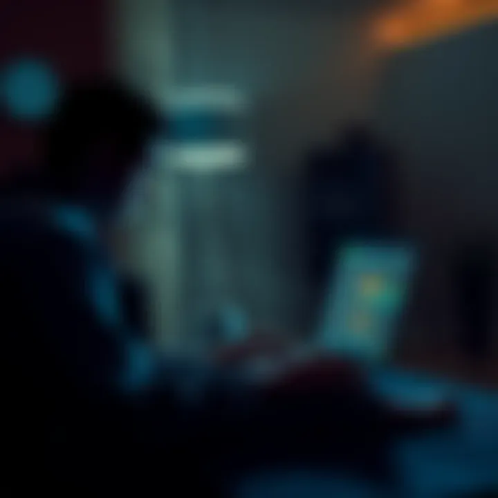 A person placing bets on a laptop in a dimly lit room at night, with a clock showing midnight.