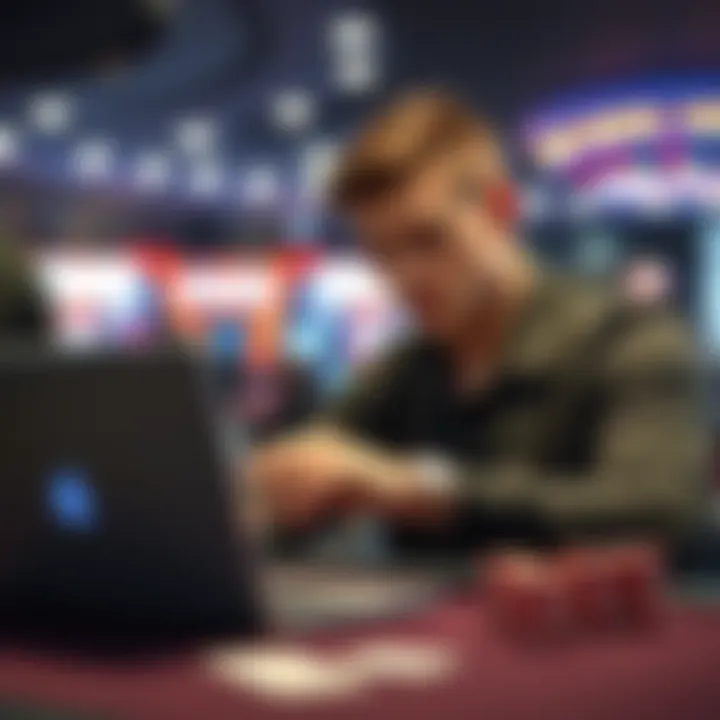 A poker player at a table looking at his statistics on a laptop, with cards and chips nearby, appearing thoughtful and curious.