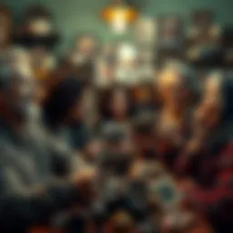 Nostalgic Memories A group of people sharing old photographs and laughing together, surrounded by mementos from the past.