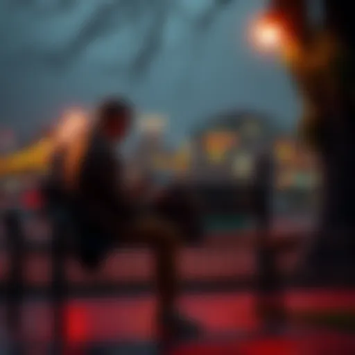 A person sitting on a bench looking at old photographs, reflecting on the past.
