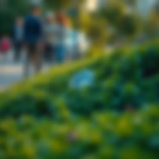 Curious object hidden among green bushes, sparking interest among people nearby.