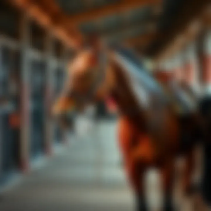 Ocelli, a brown racehorse, stands in a stable looking contemplative with saddling gear beside him, symbolizing his struggle to win after 11 races.