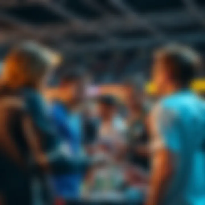 A group of people discussing compensation in an offline number game during a sports event.