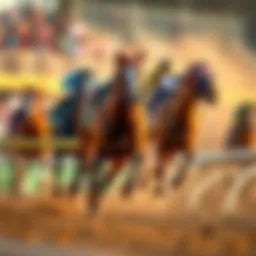 A group of thoroughbred horses racing at the Ohio Derby, showcasing competitive energy and excitement.