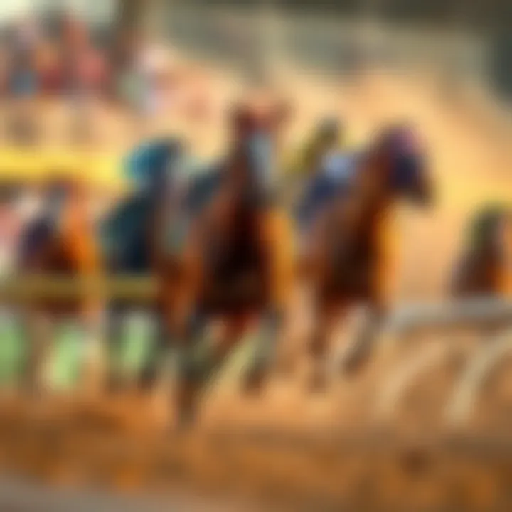 A group of thoroughbred horses racing at the Ohio Derby, showcasing competitive energy and excitement.