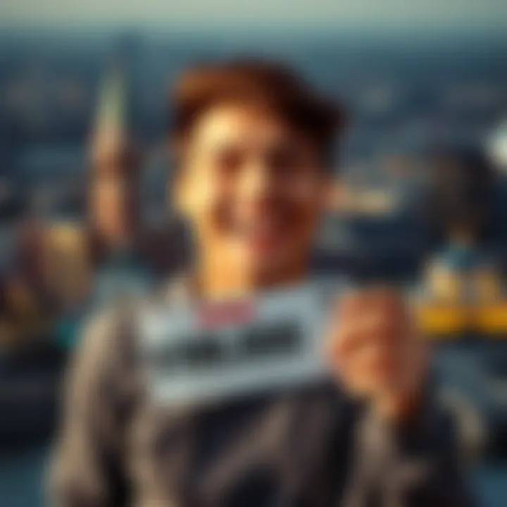 A happy person holding a $10,000 winning lottery ticket with a big smile, in front of an Ohio backdrop.