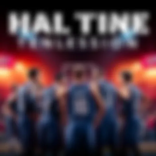 Oklahoma City Thunder players in a tense halftime huddle, discussing strategy with a scoreboard showing a narrow lead