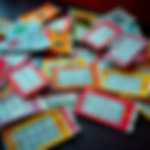 A collection of ten-year-old scratch-off lottery tickets spread on a table, showcasing various colors and designs, with some tickets partially scratched off revealing numbers and symbols, hinting at potential prizes.