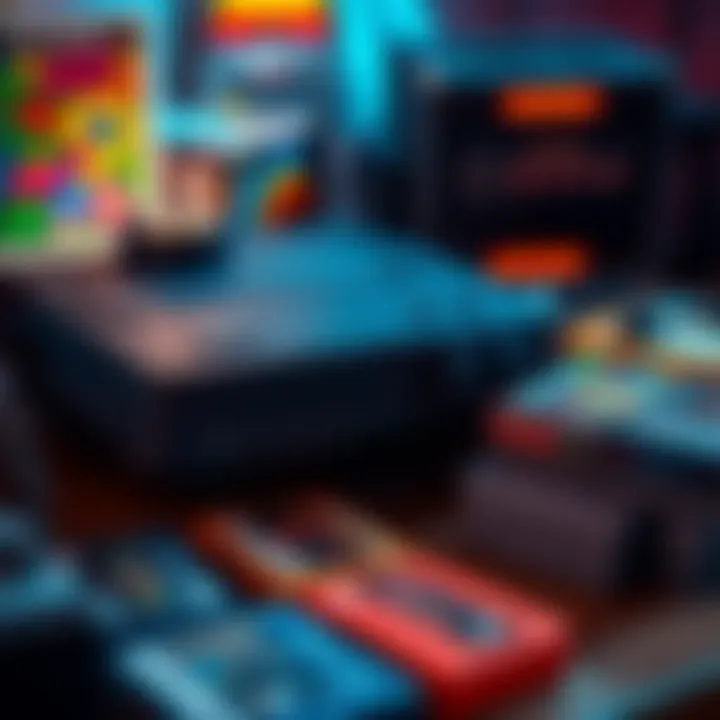 A vintage video game console with colorful cartridges displayed next to it